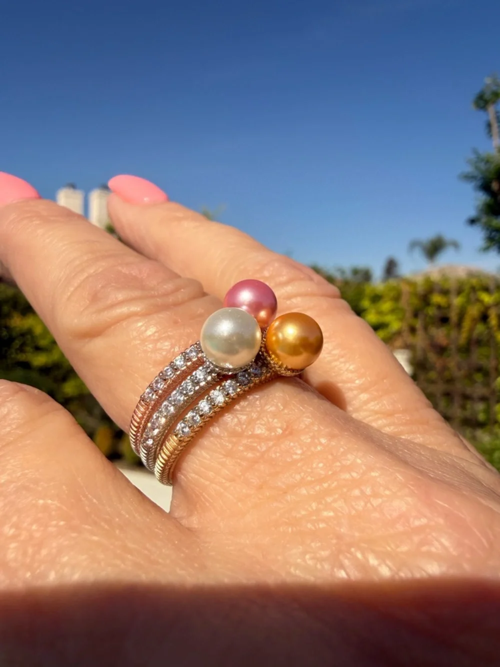 Judith Ripka Pearl CZ Ring Sterling Silver Gold Rose Stackable - Picture 2 of 8